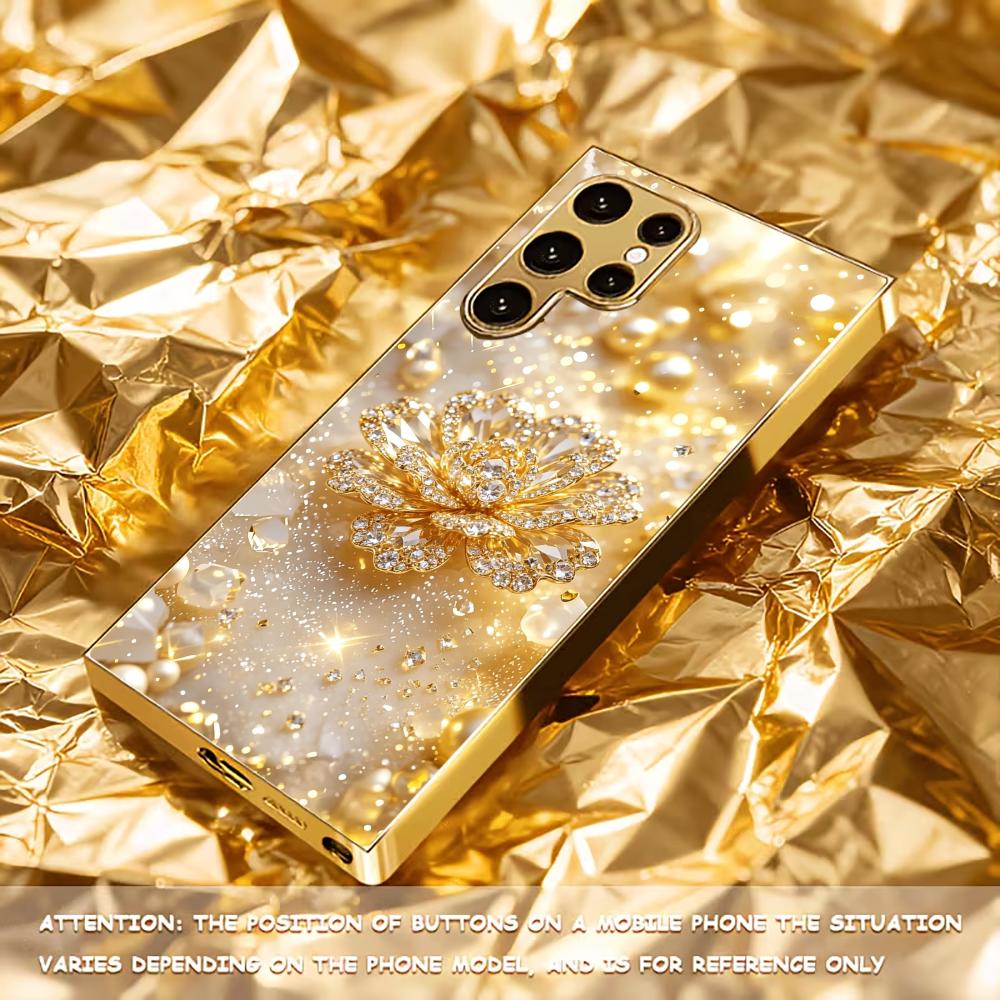 Elegant Golden Flower Sparkle phone case glass s26 ultra case s25 ultra case for Samsung Galaxy S26 S25 S24 S23 S22FE Ultra Plus