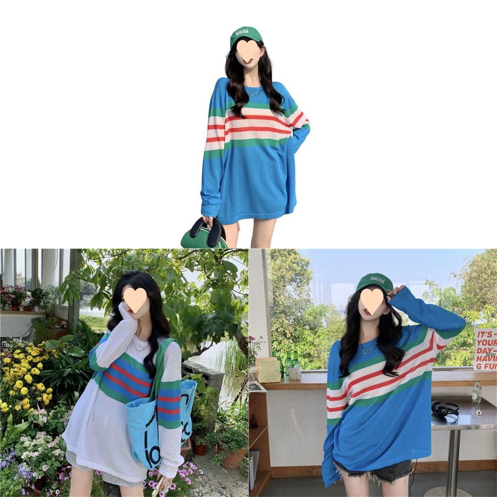 Ice Silk Striped T Shirt For Women With Loose Fit And Summer Style