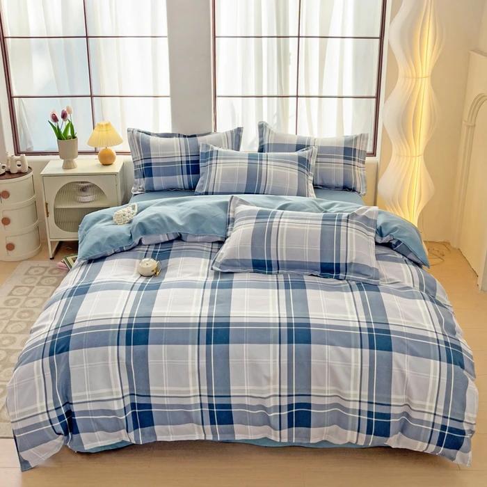 Plant Thickened Three Four Piece Bed Sheet Set Blue And White Large Grid
