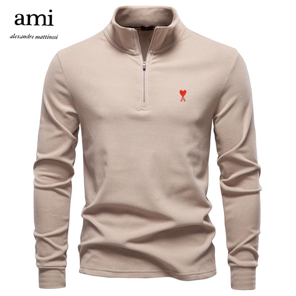 High Street Clothing AMI 2025 Herfst/Winter Geborduurde Nieuwe Grote Heren Opstaande Kraag Halve Rits Lange Mouw Duits Velours Warme Basis Trui L