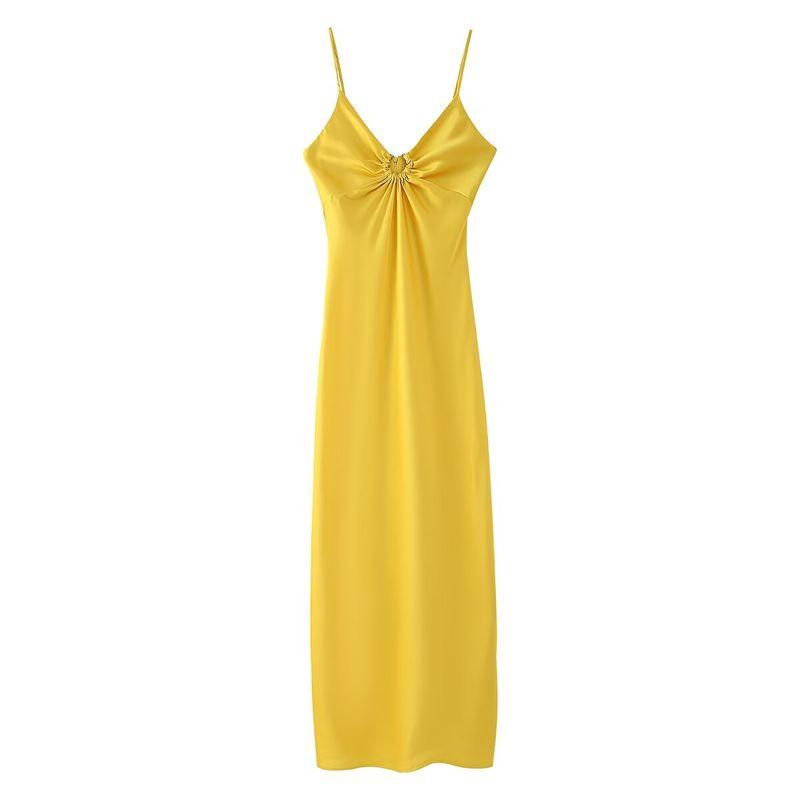 Kaslead New Arrival Women's Clothing Fashion Style Fashion Long Cut Out Decoration Satin Sling Dress