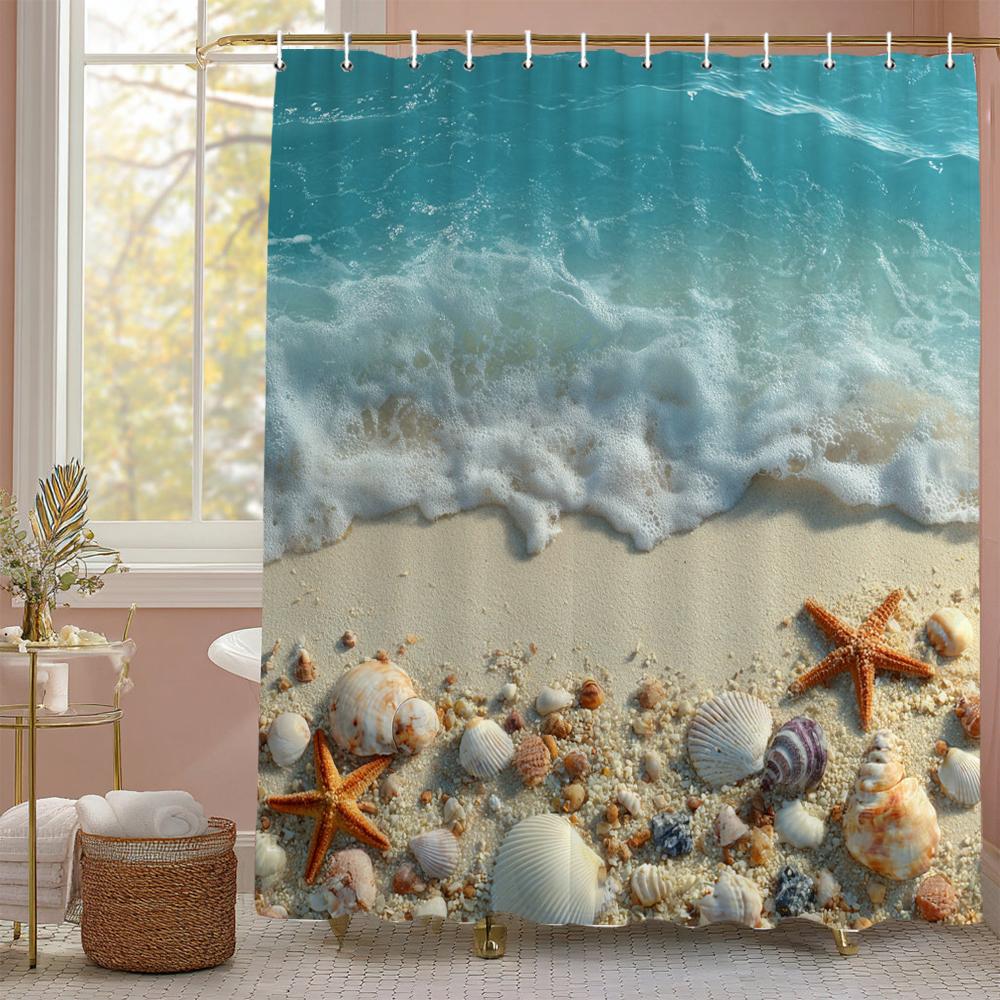 Ocean Beach Scenery Shell Starfish Waves Shower Curtain, Bathroom Decorative Shower Curtain, Printing Shower Curtain With Hooks