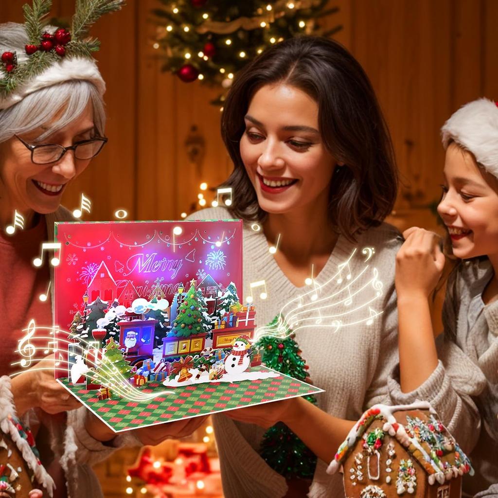 Train Christmas Card With Lights & Music, 3D Pop Up Christmas Tree Cards, Includes Envelope.