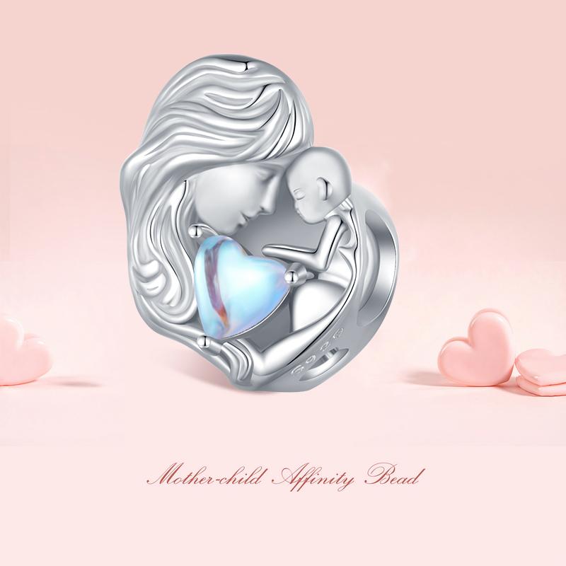 WOSTU 925 Sterling Silver Heart Rainbow Moonstone Bead Mom Daughter Charms Fit Original Bracelet DIY Jewelry family Jewelry Gift