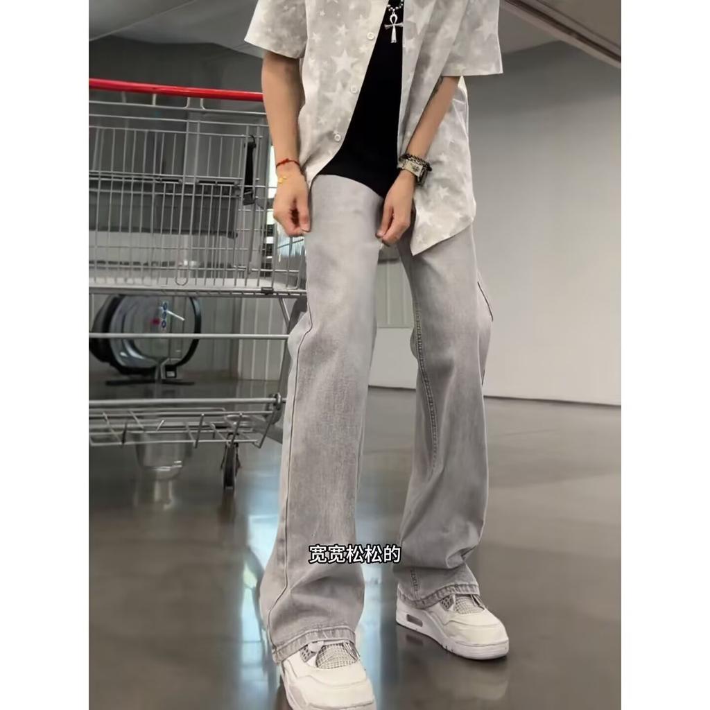 Design gray micro-flared jeans men's summer youth American high street pants straight casual trousers