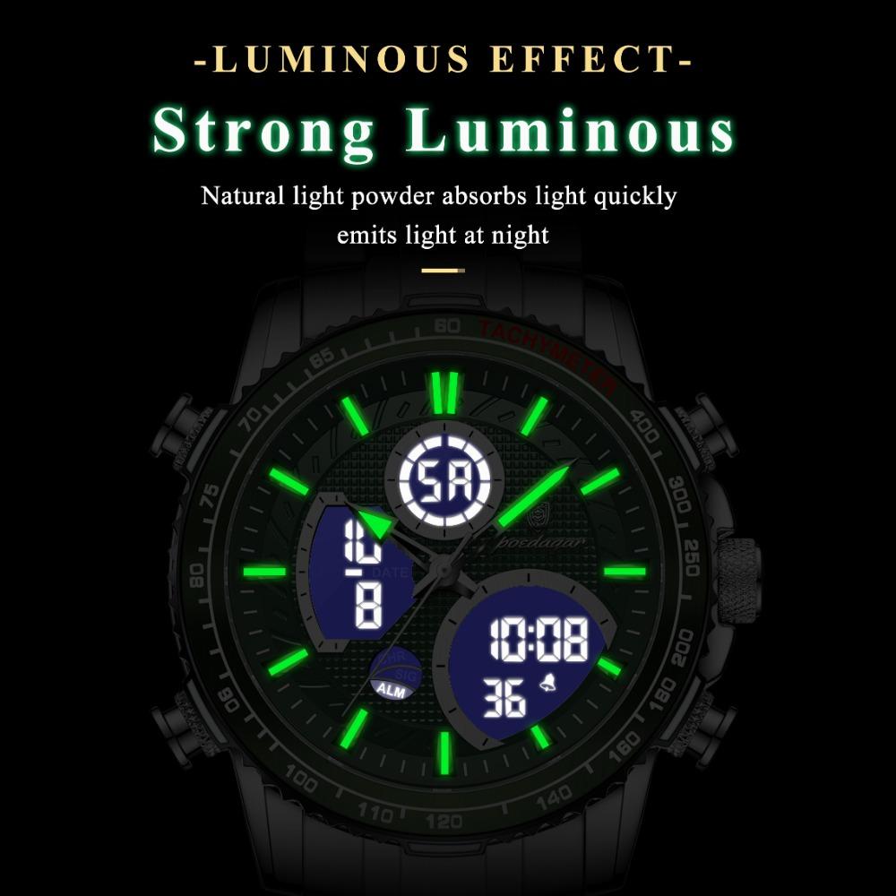 POEDAGAR Top LED Man Clock Waterproof Electronic Luxury Men's Watches Dual Time Display Digital Stainless Steel Quartz Watch