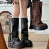 Winter Punk Style Women Knee High Boots Fashion Belt Buckle Long Boots Female Elegant Platform Heel Women's Knight Botties