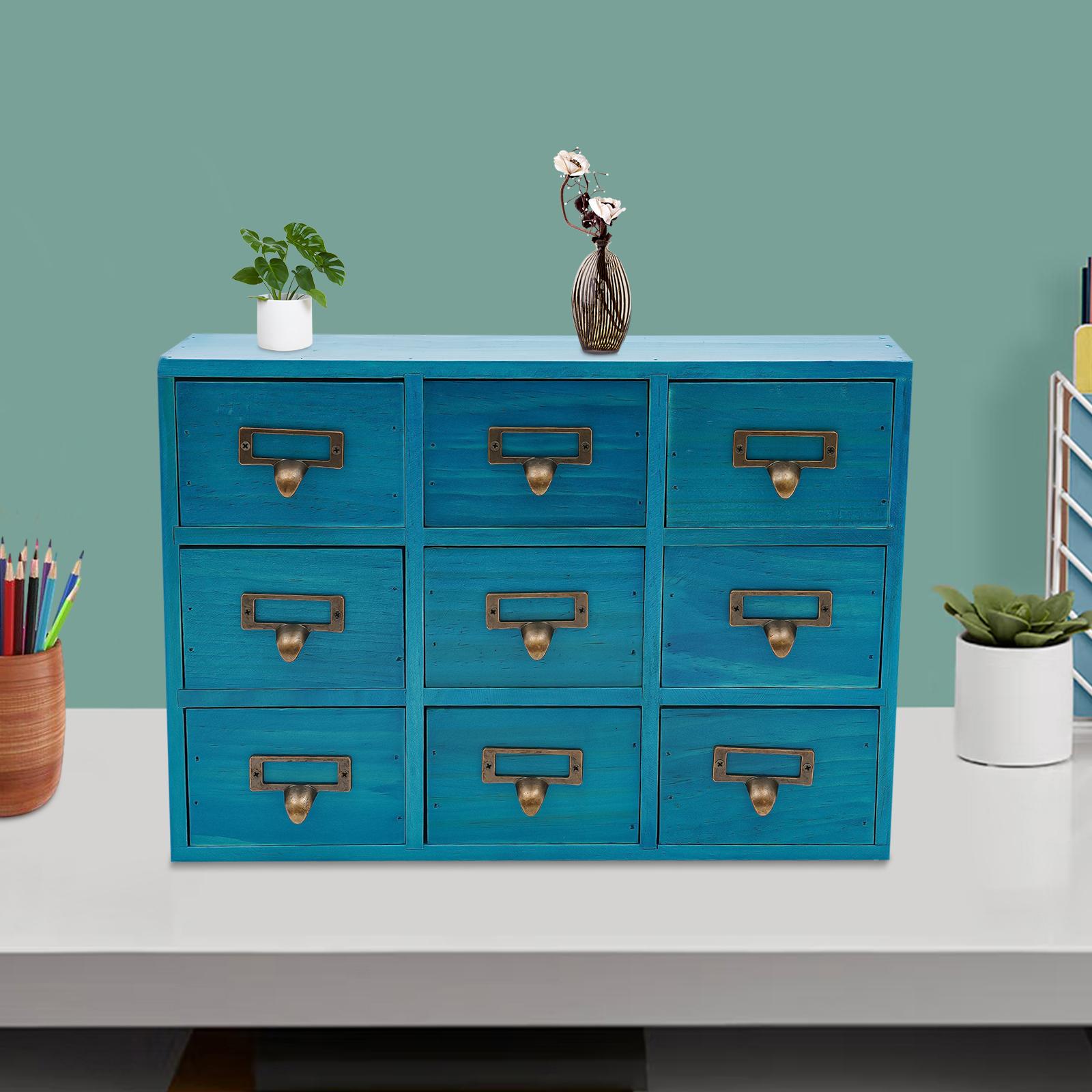 9 Drawers Wood Apothecary Cabinet,Blue Rectangular Herb Storage Box Tabletop 38*9.5*26cm for Placing in Living Room,Dresser blu