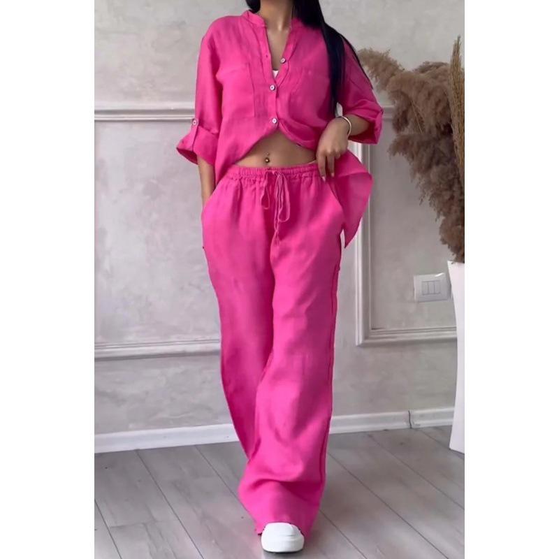 2024 Women's Solid Color Long-Sleeve Shirt & Wide-Leg Pants Set