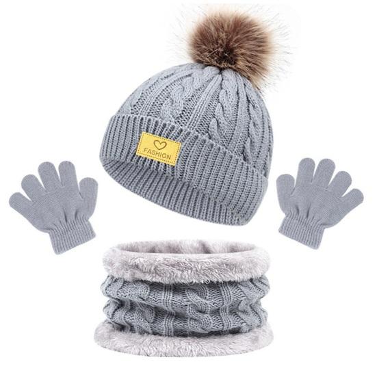 3Pcs/Set Kids Winter Hat Scarf Gloves Set Plush Ball Decor Twist Texture Brimless Hat Knitting Gloves Fleece Lining Neck Gaiter Set