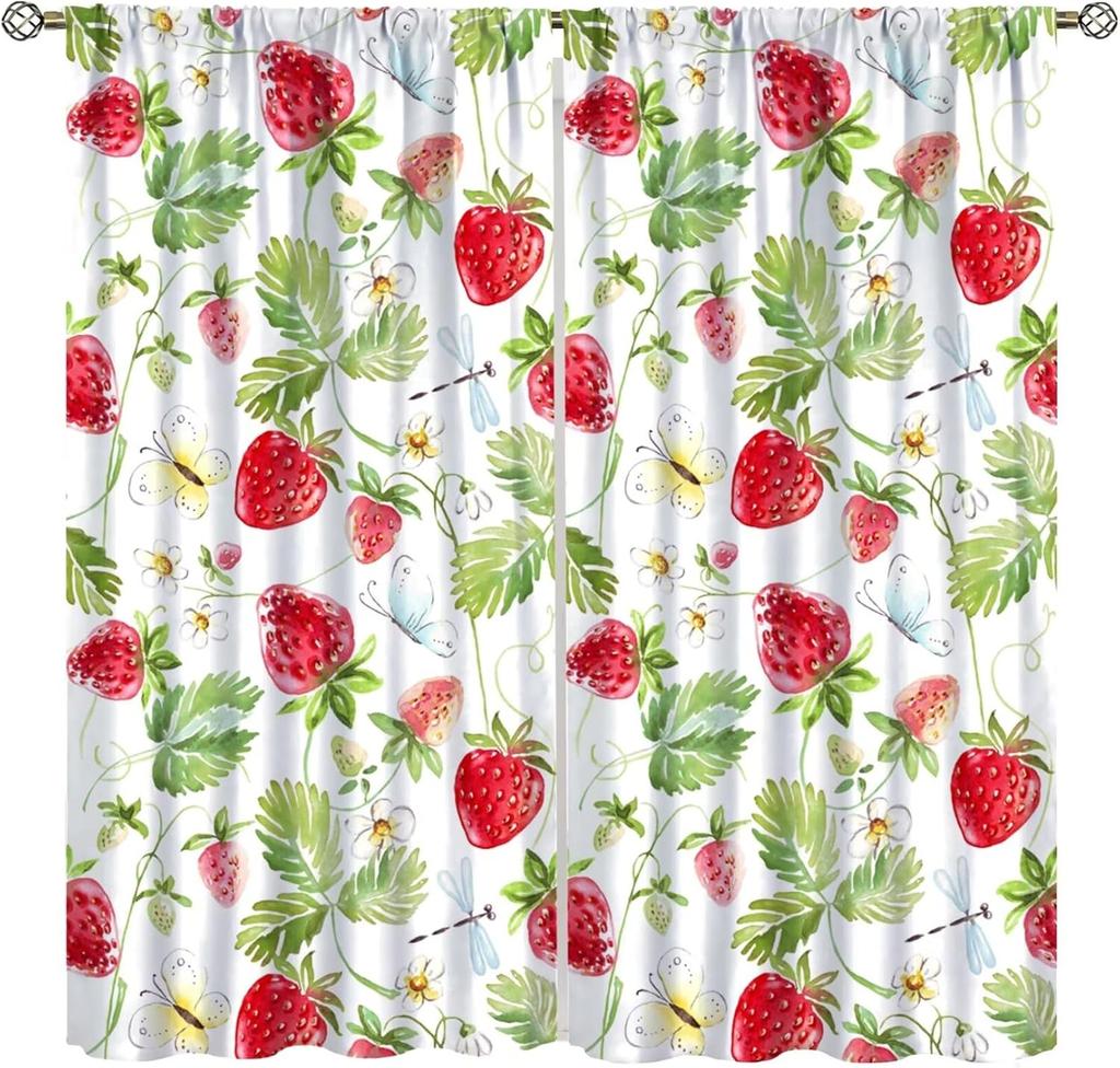 Fruit Window Curtains,Pink Cute Strawberry Green Leaves Flower Retro Art Print Window Drapes for Kids Girls Bedroom Living Room