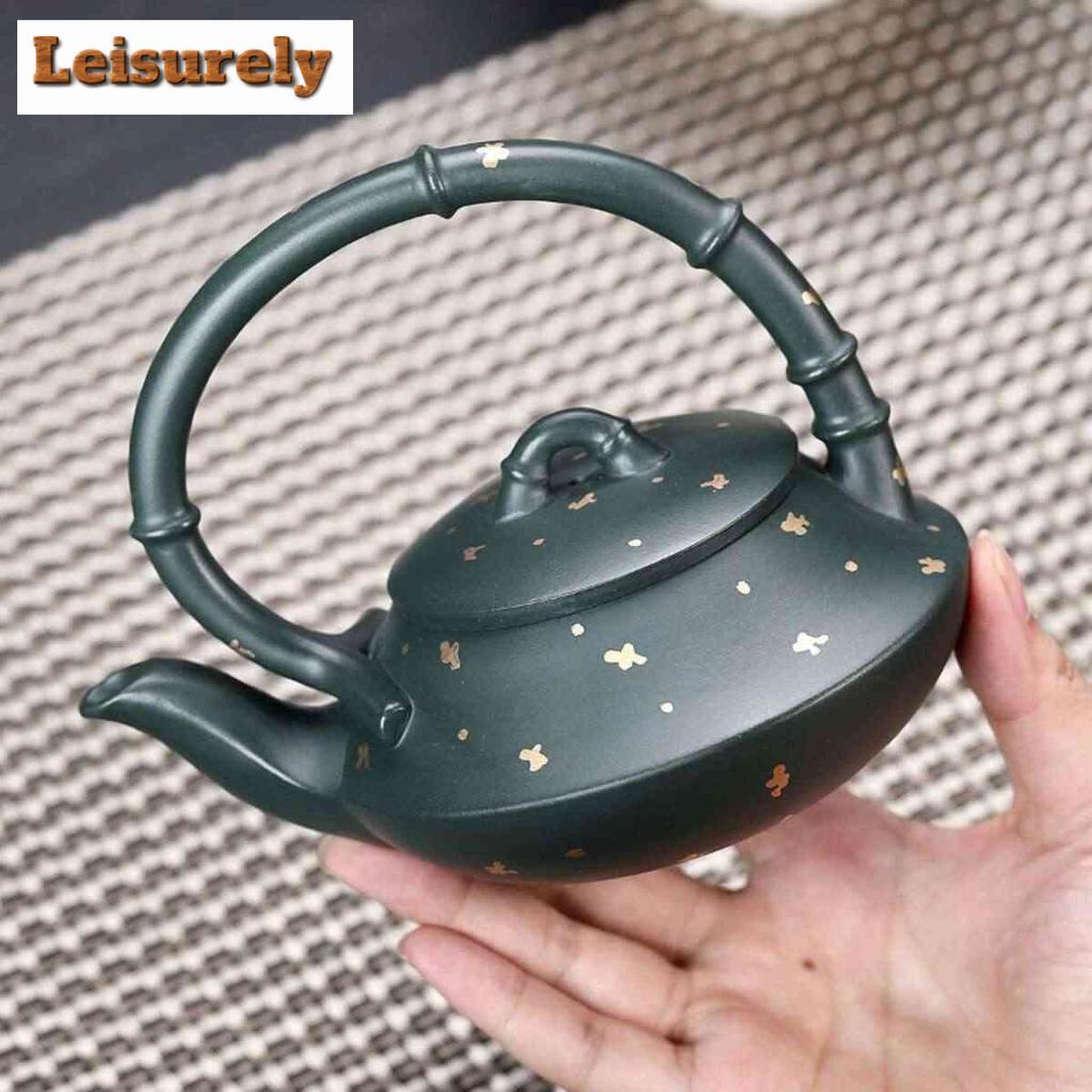 280ml Authentic Yixing Purple Clay Teapot Handmade Sprinkle Gold Bamboo Joint Pot Raw Ore Green Mud Kettle Zisha Teaset Supplies