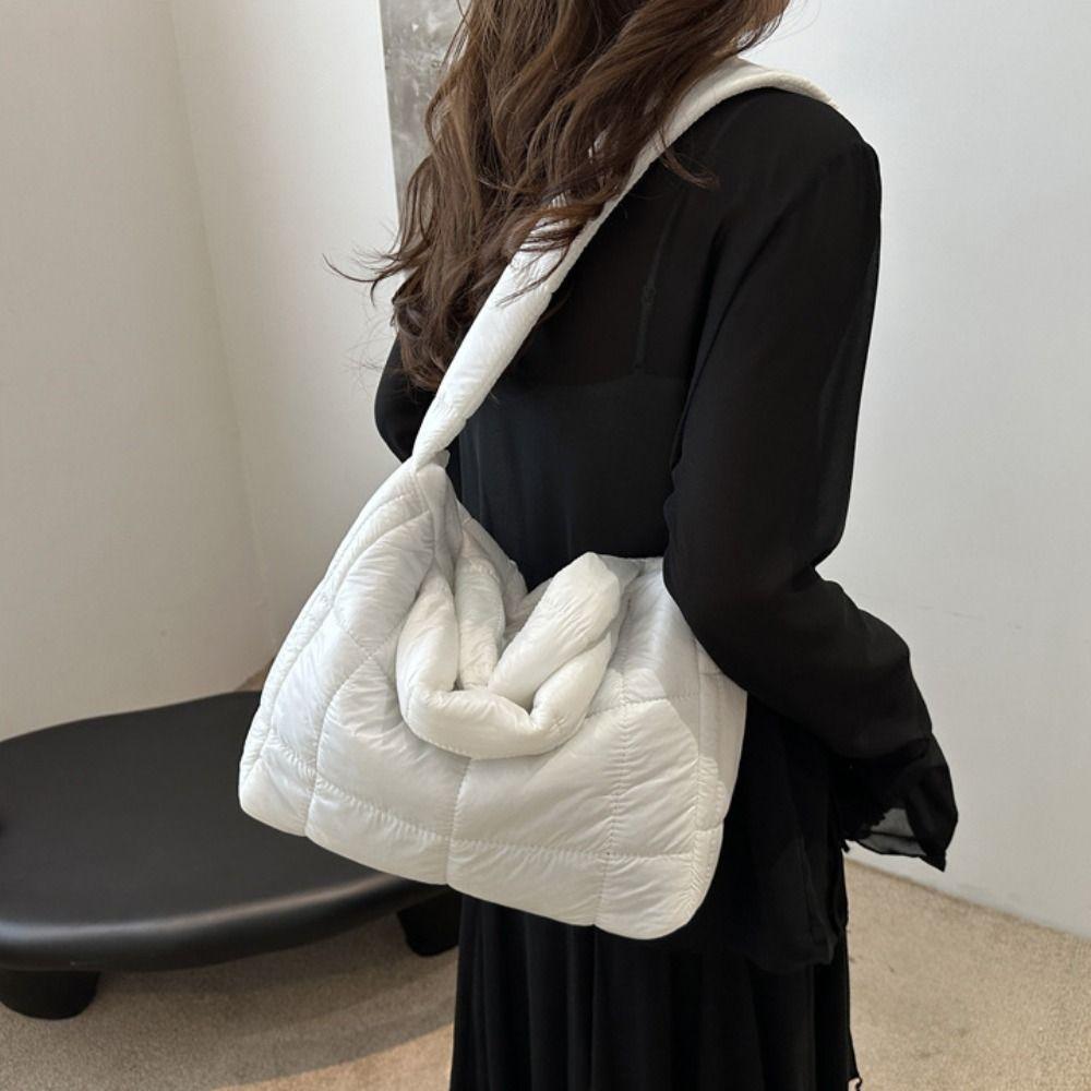 Solid Color Cloud Tote Bag Nylon Puffy Shoulder Bag Fashion Space Cotton Handbag  Girls