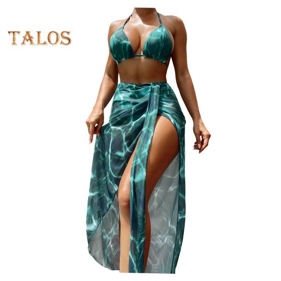 

3 шт./компл. комплект женских купальников с завязками на шнуровке с бретелькой на шее подходящего цвета с высокой талией, беспроводной летний пляжный купальник, купальный костюм, болотный L зелёный