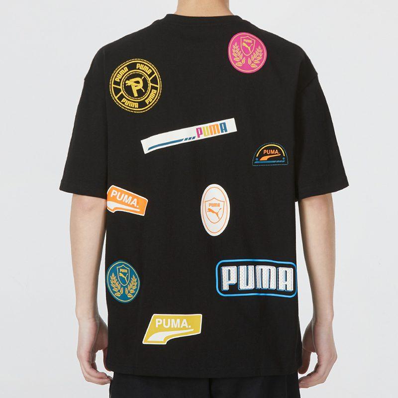 Puma PRINT MIX BADGE T Shirts Men's Black Crew Neck Moderate Straight Fit 537795-01