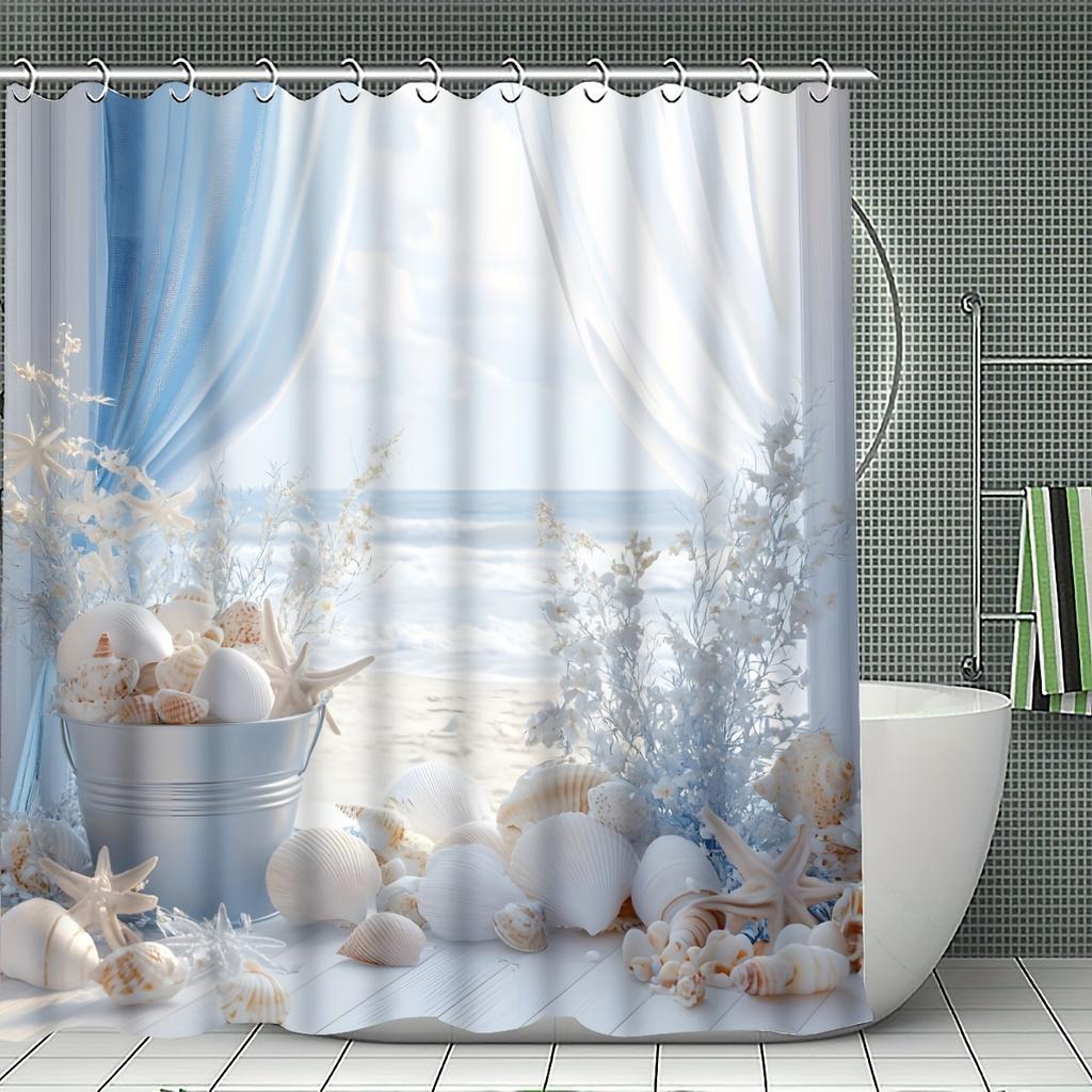 Cortina de Ducha con Estampado de Playa - Personalidad Moderna, Poliéster Impermeable, Temática de Dibujos Animados Arcoíris, Para Todas las Estaciones, Decoración de Baño