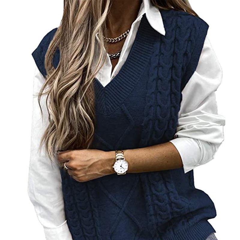 Nuovo maglione autunno/inverno da donna, gilet largo alla moda, maglione a trecce senza maniche con scollo a V ampio, stile europeo e americano