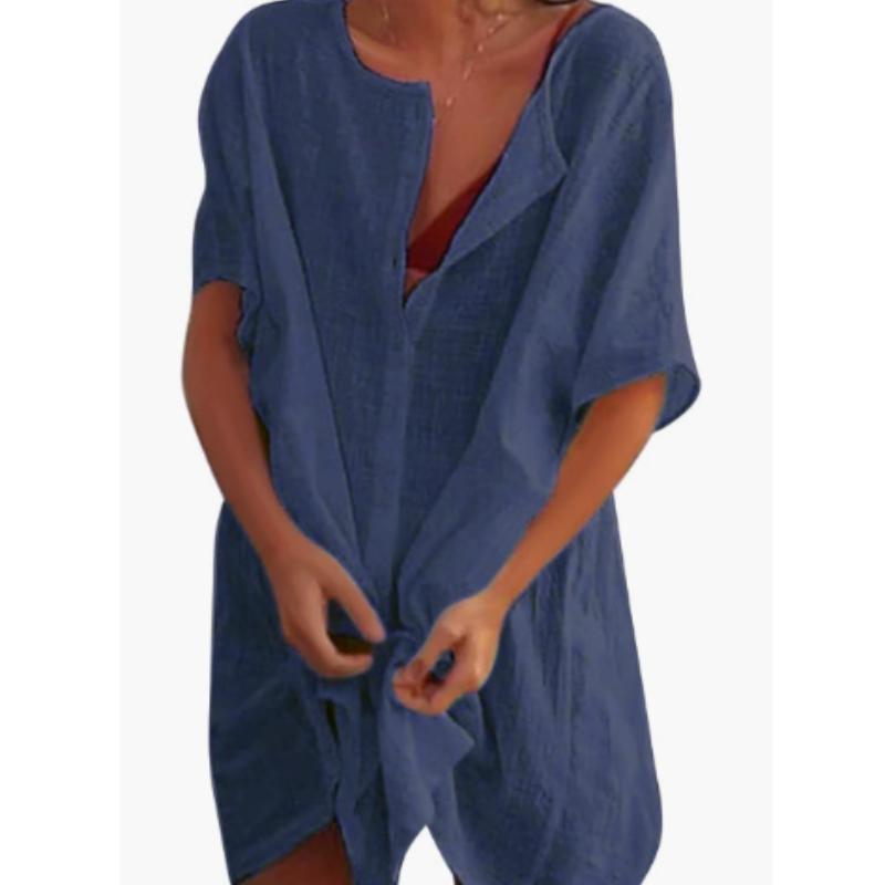 Plus Size Fashion Summer Women's Casual Beach Wear Swimwear Cover-up Linen Dress Loose Short Sleeve Deep V-neck Solid Color Mini Party Dress