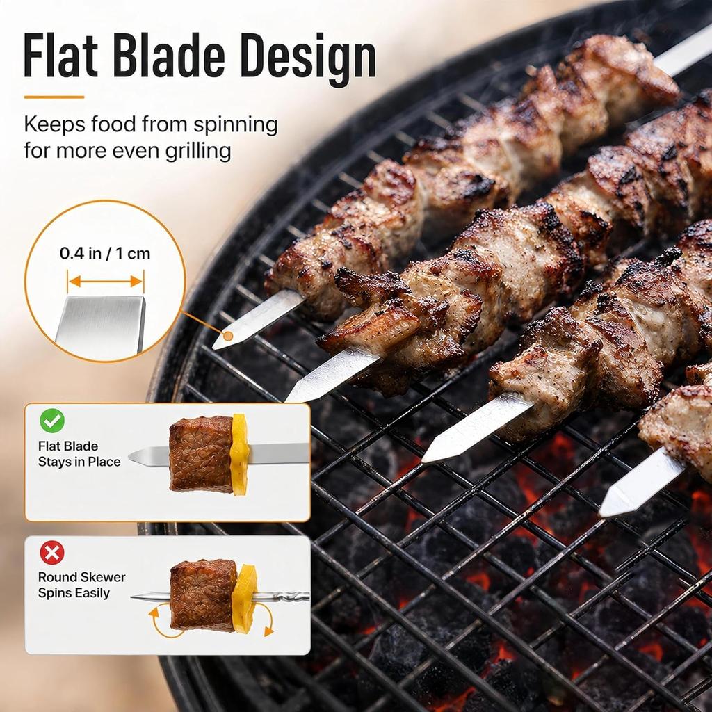 IMEEA Stainless Steel BBQ with Wooden Flat Long for and Outdoor with Storage Skewers, 10-Piece Set, 60cm, Handles, Design, Skewers, BBQ, Camping,