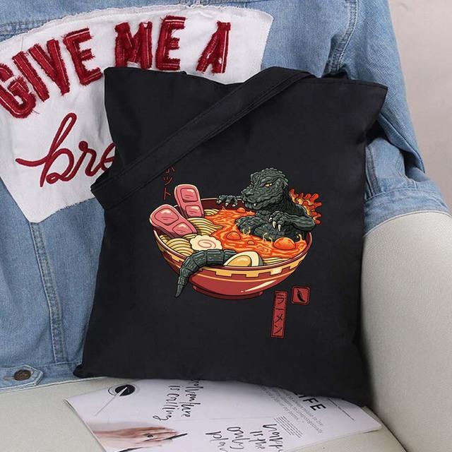 Women Shopping Bags Cute Cartoons Pattern Series Eco Shopper Shoulder Bag Fashion Black Printing Folding Handbag Canvas Tote Bag