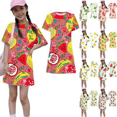 Girls Print Casual Dress Kids Loose Round Neck Short Sleeve Thin Sundress