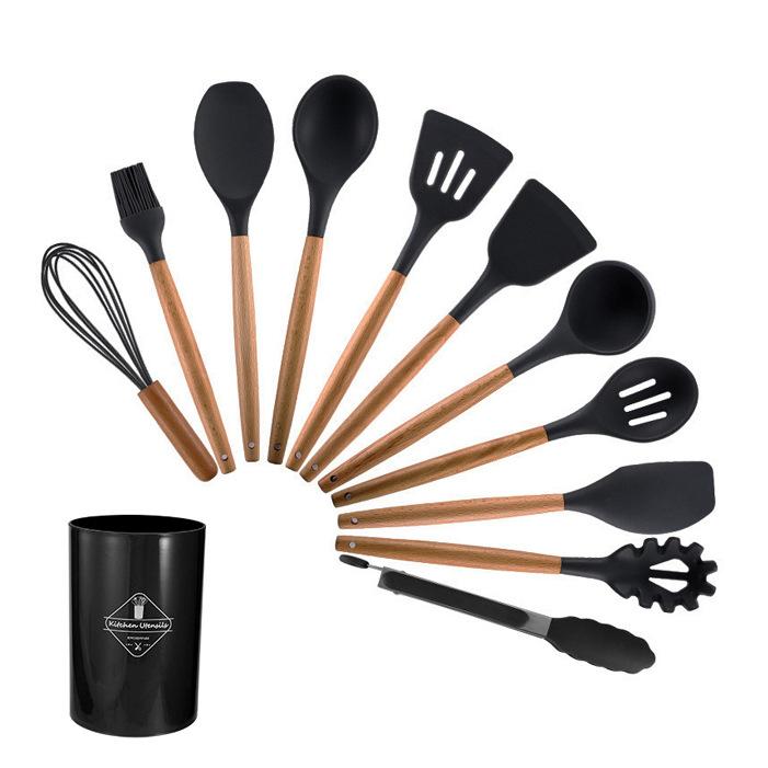 Silicone wooden handle kitchenware set 12-piece set High temperature resistant non-stick pan Scoop clip Kitchenware bucket Baking utensils