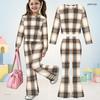Girls Orange Plaid Printed Round Neck Long Sleeve Top And Flared Pants Two Piece Set