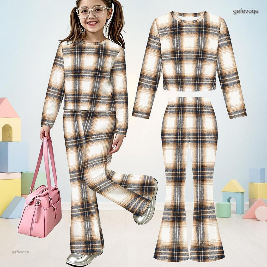 Girls Orange Plaid Printed Round Neck Long Sleeve Top And Flared Pants Two Piece Set