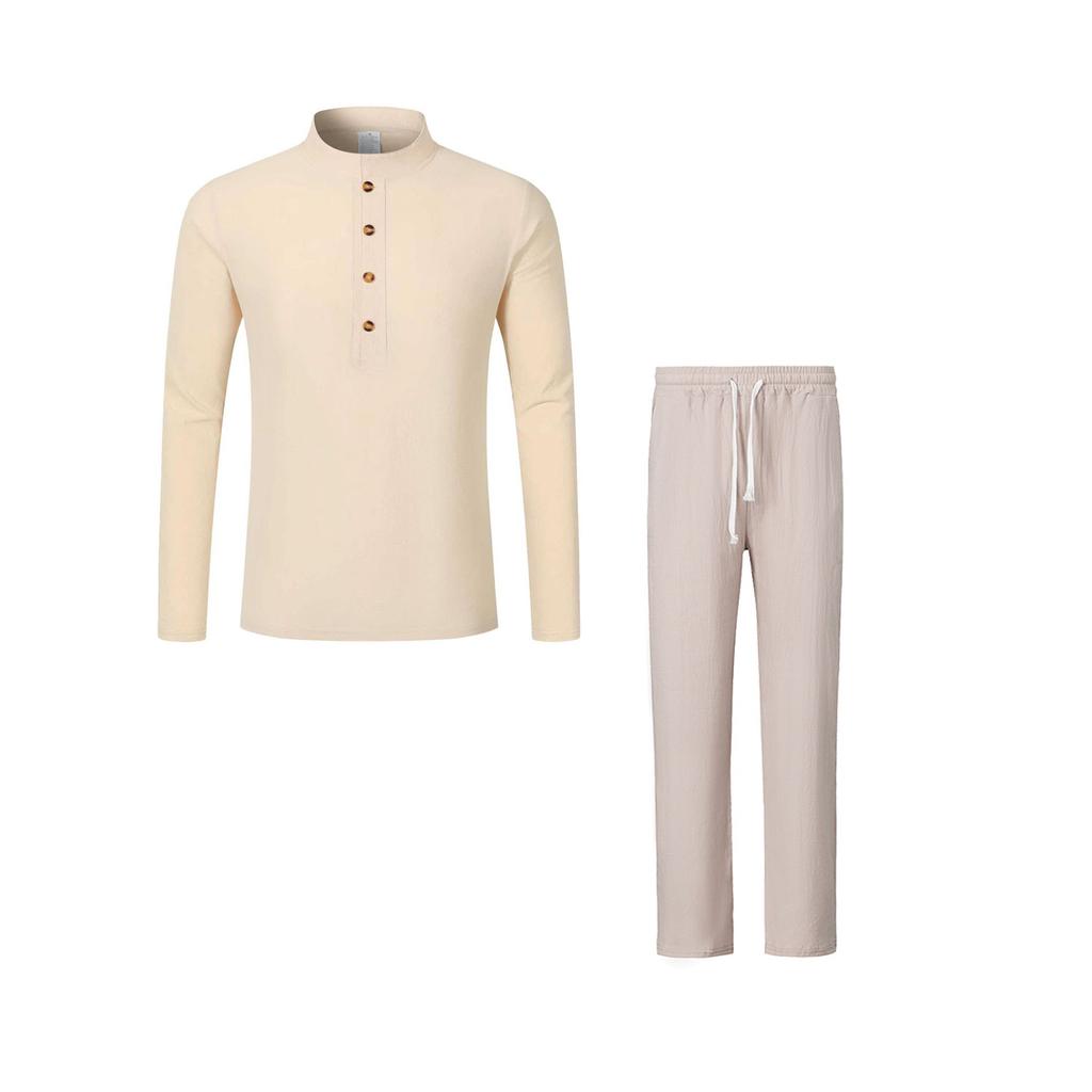 Men's Linen Long Sleeve Button-Up Shirt and Pants Set Loose Fit Casual Two Piece Outfit