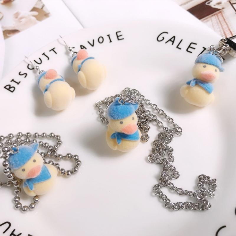Adorable Cartoon Duck Necklace/Earrings/Keychains Adornment Handcrafted Choker Chain/Ear Hooks/Keyrings for Women Girls