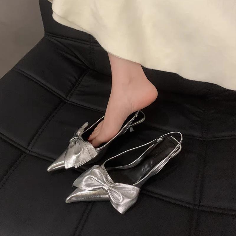 Elegant Silver Side Bowknot Slingback Sandals Woman Chic Point Toe Kitten Heel Stiletto Pumps Ladies Eveing Party Dress Shoes