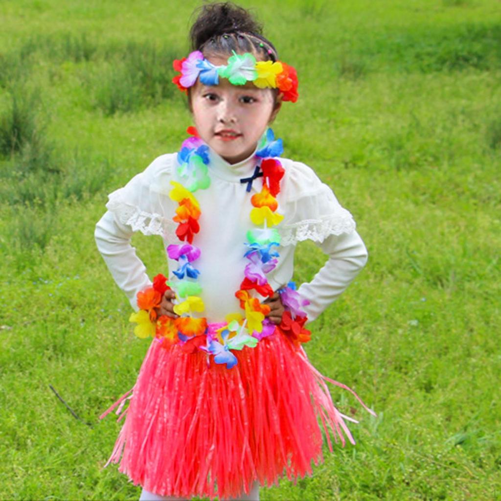 5 Costume Set, Raffia Skirt, Colorful Flowers, Bracelets, Necklace And Headband for Costumes