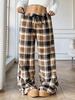 Women Leopard Print Wide Leg Pants Elastic Waist Drawstring Casual Loose Long Trousers