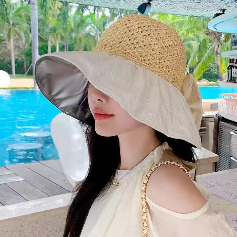 

Summer Straw Hat for Women Summer UV Protection Wide Brim Big Bowknot Dome Basin Cap Girls Elegant Travel Outdoor Hat One Size бежевый