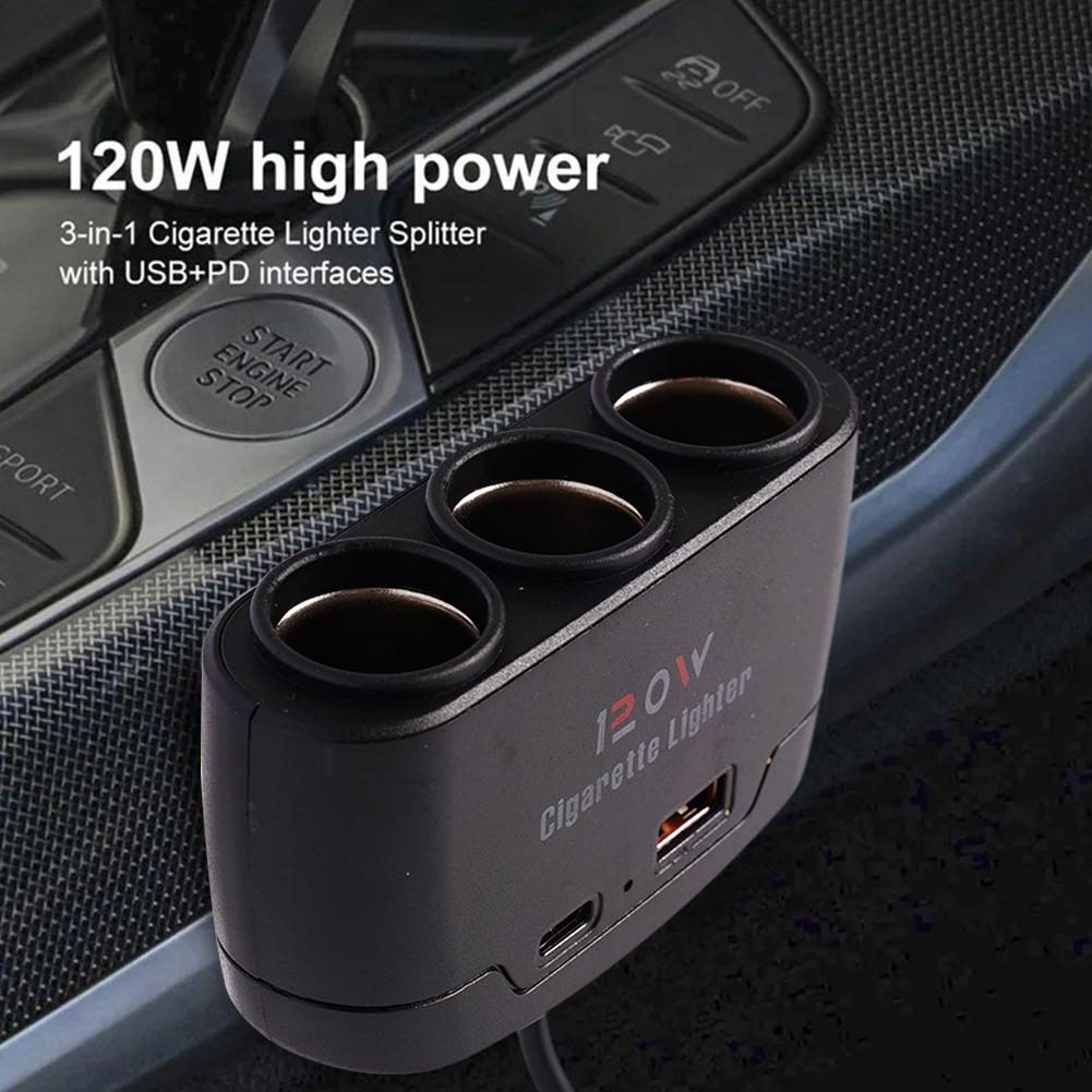 120W Dual USB Socket 3 In 1 Car Cigarette Lighter Splitter 12V 24V Fast Charger Plug Phone Power Adapter for iPhone GPS Dashcam