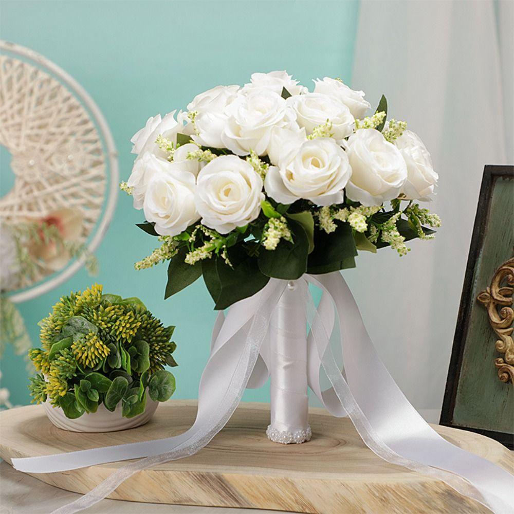 

Fake Rose Bridal Wedding Bouquet Silk Ribbon Silk Flowers Artificial Bouquet Wedding Accessories