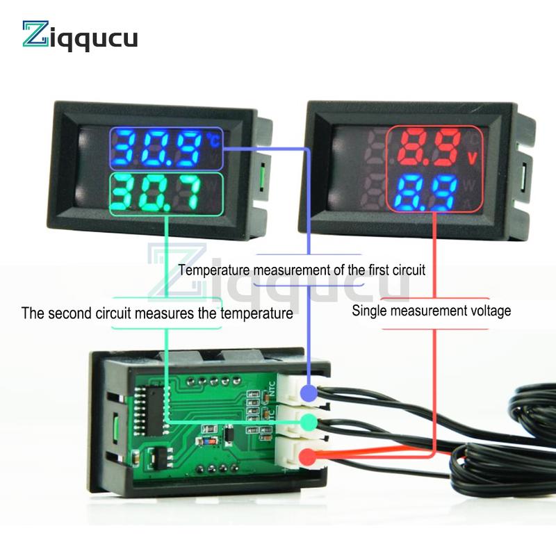 DC4-30V DC LED Display Dual Digital Temperature Red Blue Green Digital Temperature Sensor With NTC 10K 3950 Probe Cable
