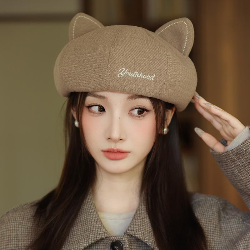 Korean Retro Cute Cat Ears Beret Spring and Autumn New Casual Versatile Painter Hat Windproof Warm Hat for Women