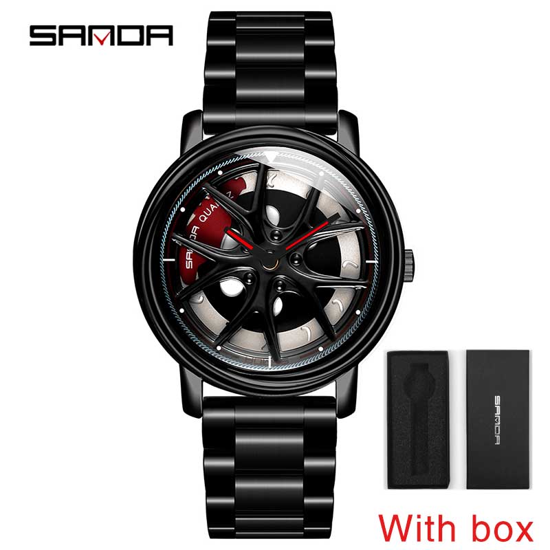 SANDA Top Men Quartz Watches Sports Car Watch Waterproof Sport 360℃ Rotating Rim Hub Wheel Wristwatch Car Quartz Men's Watches