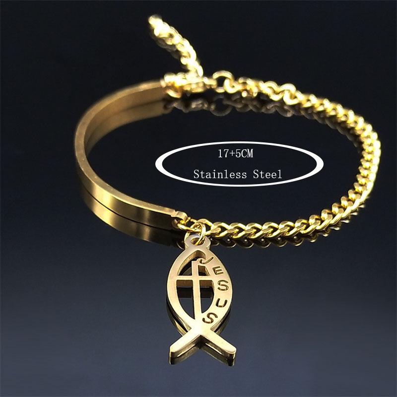 Stainless Steel Christian Fish Cross Jesus Bracelets for Women Gold Color Bangle Bracelets Jewelry braccialetti donna B1711S05