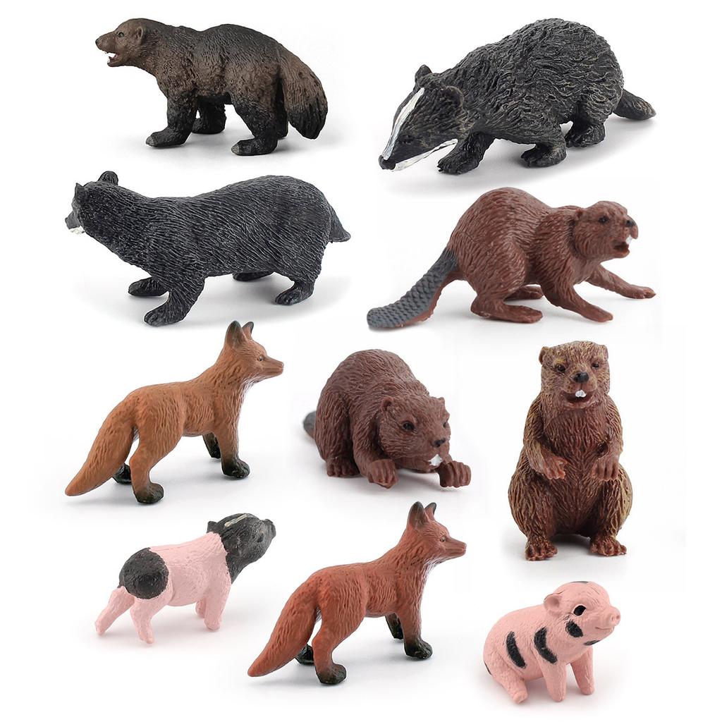 Simulation Forest Animal Set Model 10-Piece Fox Mink Bear Beaver Piglet Desktop Static Ornament Toy Batch