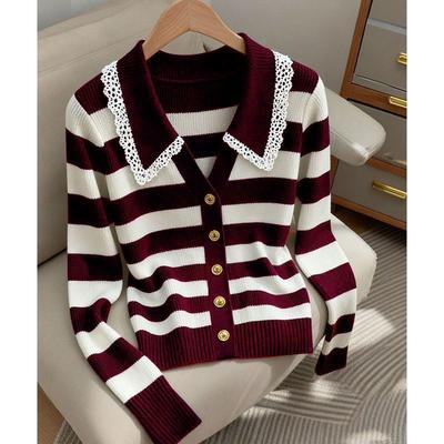 Damkläder Elegant Mode spets Randig Stickad Cardigan Höst Vinter Ny Söt Allround V-ringad Tröjor Dam Långärmade Toppar