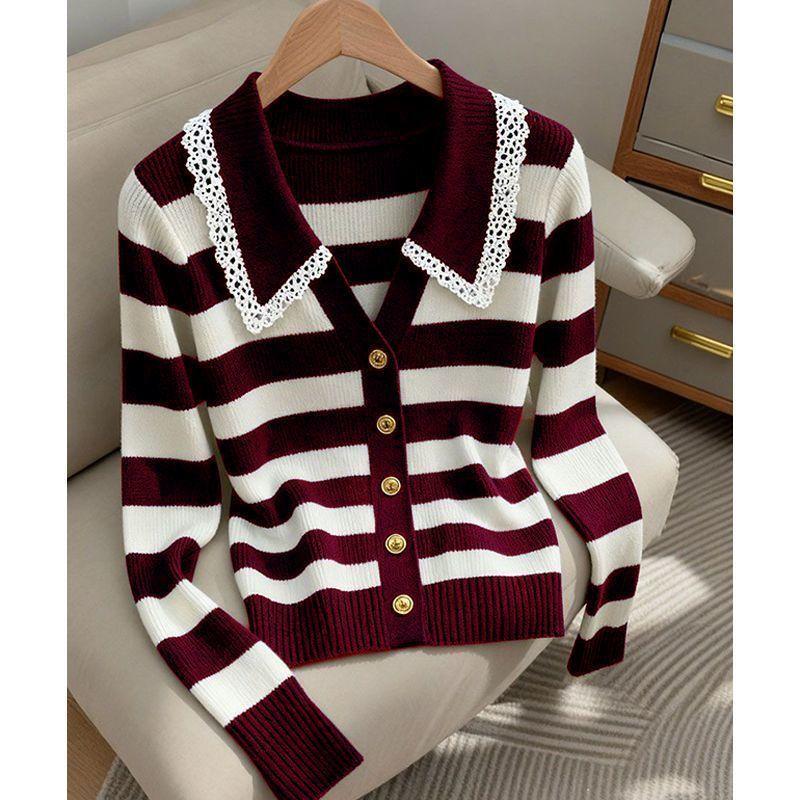 

Women s Clothing Elegant Fashion lace Striped Knit Cardigan Autumn Winter New Sweet All-match V-neck Sweaters Lady Long Sleeve Tops average size бордовый