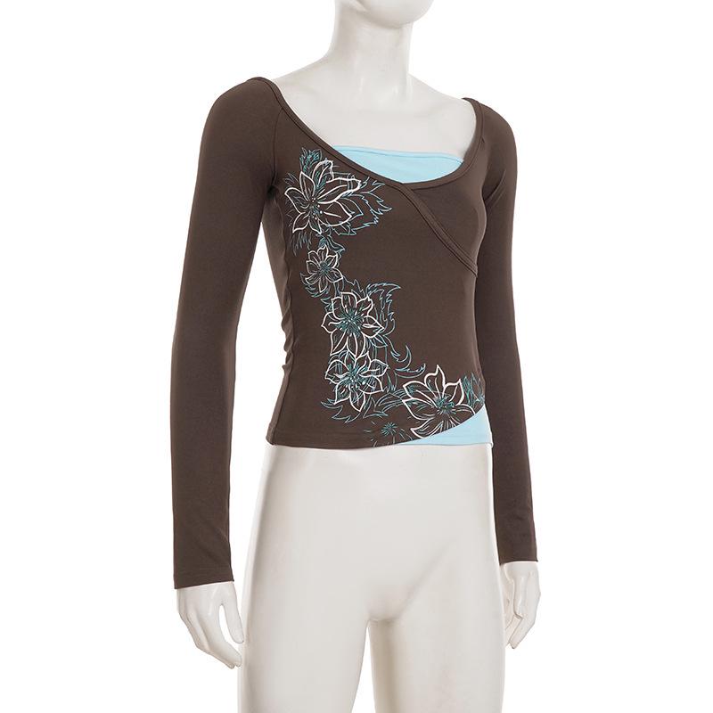 2025 Herbst Amerikanischer Retro-Farbblock Zweiteilig Schmal Geschnitten Damen-T-Shirt