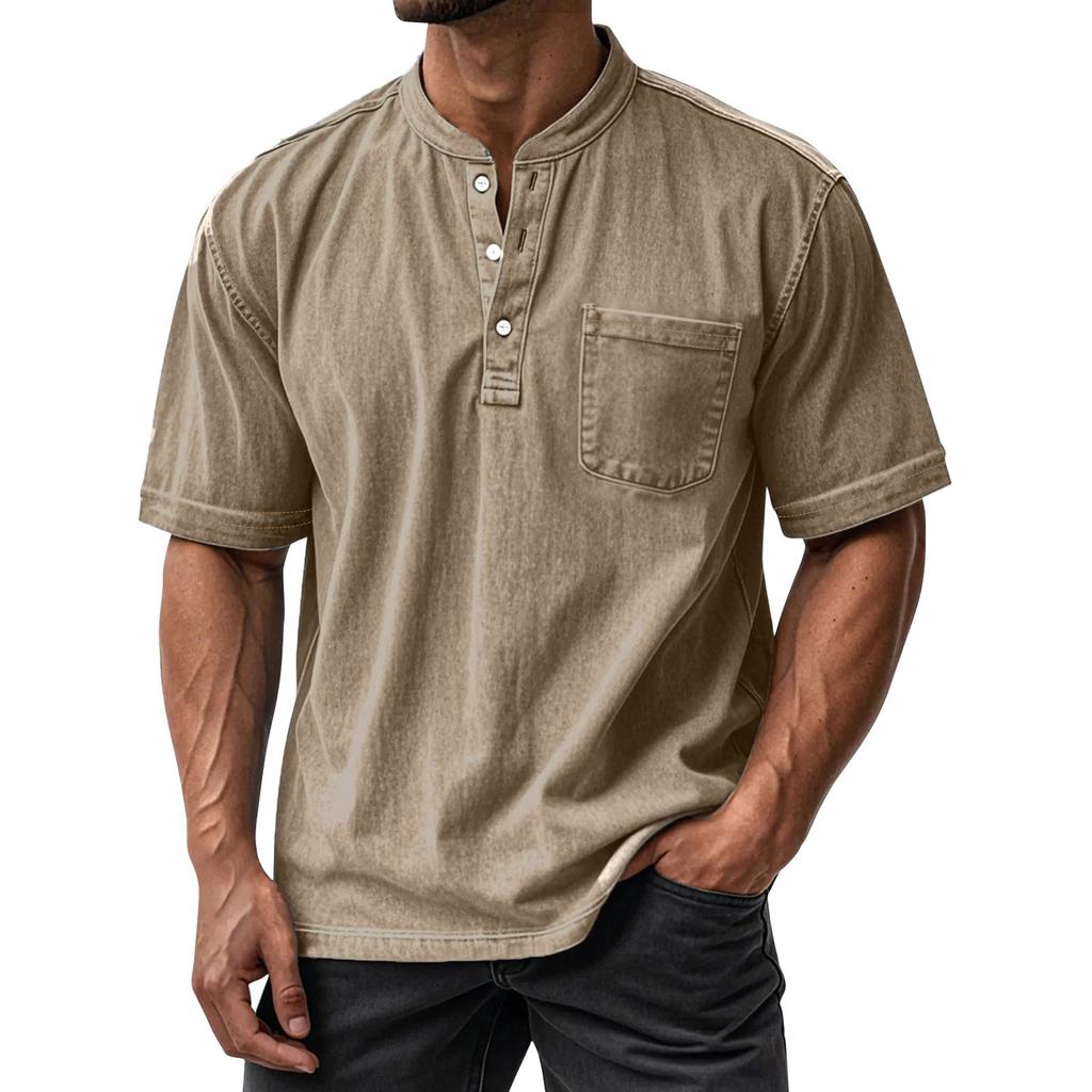 Men's Summer Round Neck Short Sleeve T-Shirt Neck Men's All- Casual Button Shirt