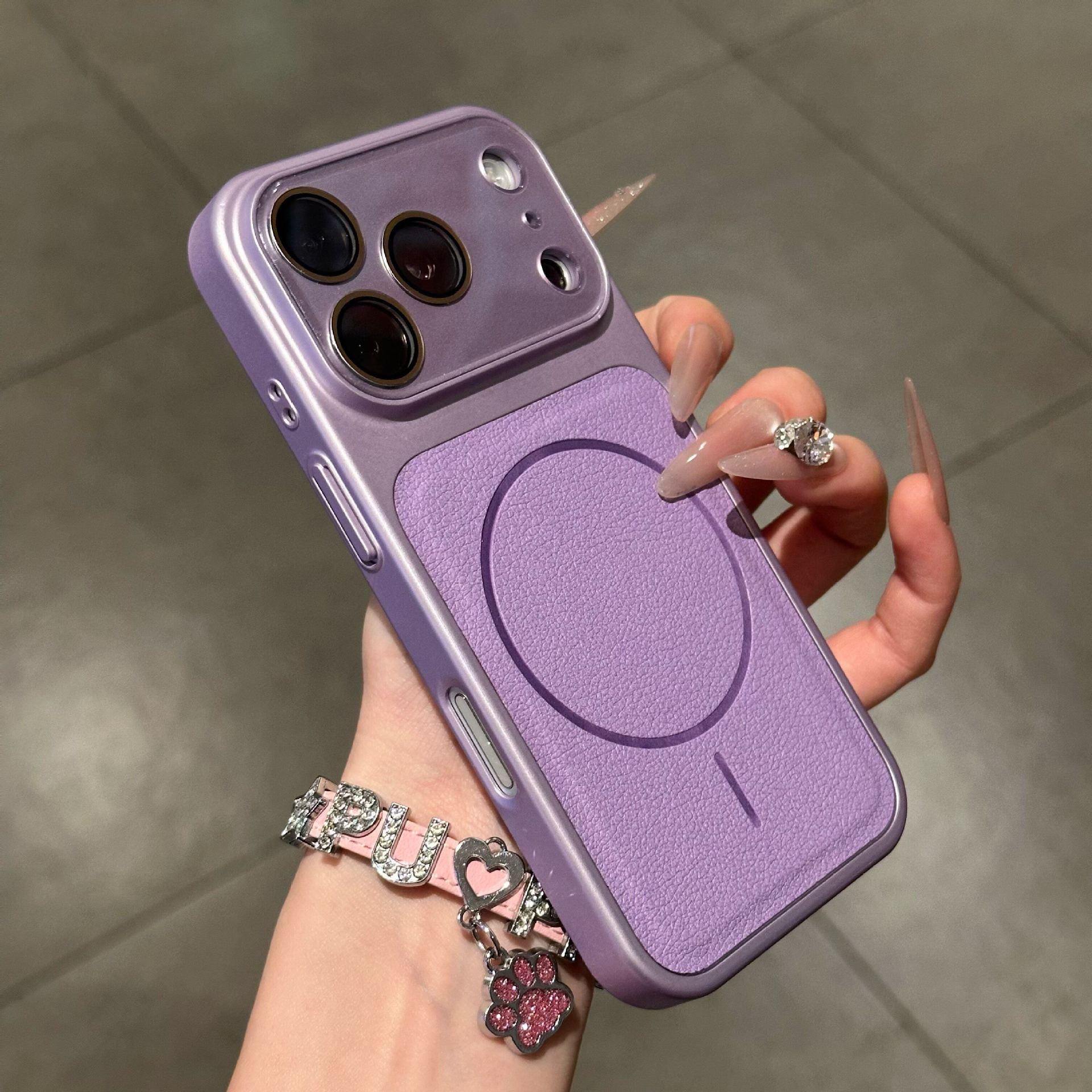 Lychee Pattern Magnetic Thin Ring Case for iPhone 16 & Apple 17 Pro Max iPhone 16 Pro фиолетовый
