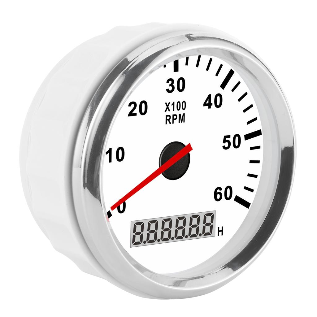 Tachometer Gauge 6000RAM Red Backlight LCD Display 85mm Waterproof 12 24V for Car Boat YachtWhite Dial Silver Frame