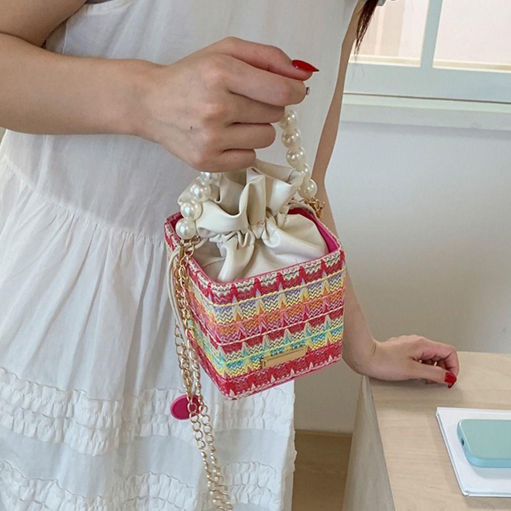 Elegant Straw Shoulder Bag Bohemian Women's Crossbody Bag Chain Messenger Box Bag  Vacation