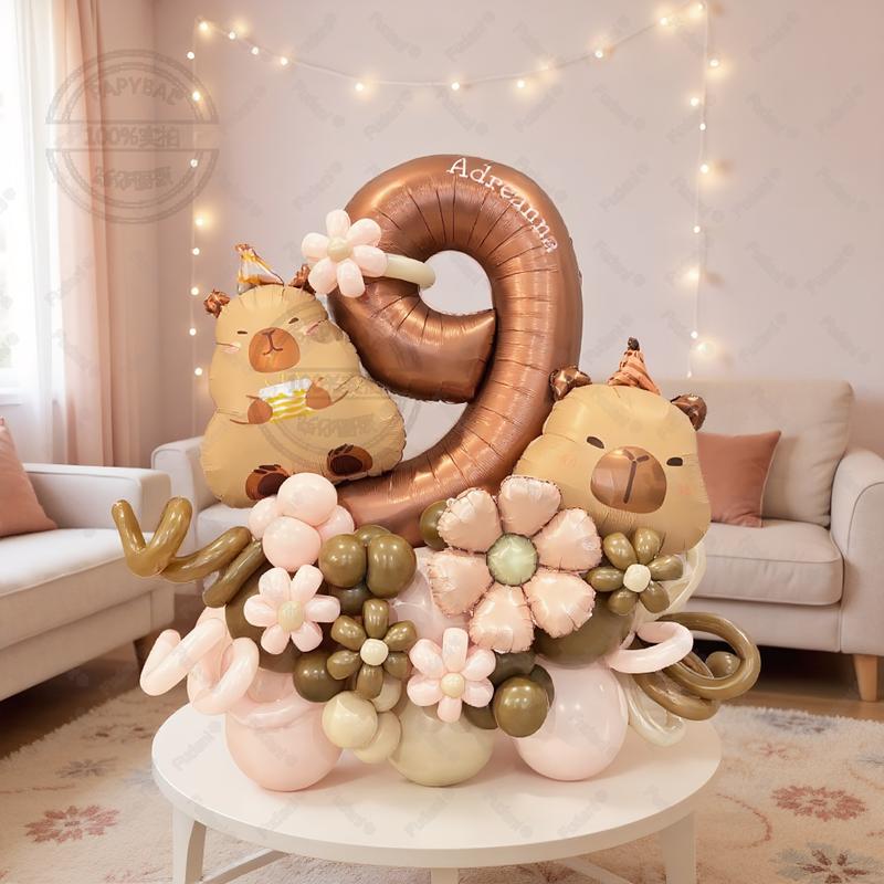 54pcs Retro Caramel Color Balloons Set Capybara Aluminum Foil Balloon Digital 1-9 Aluminum Film Ballons Birthday Party Supply