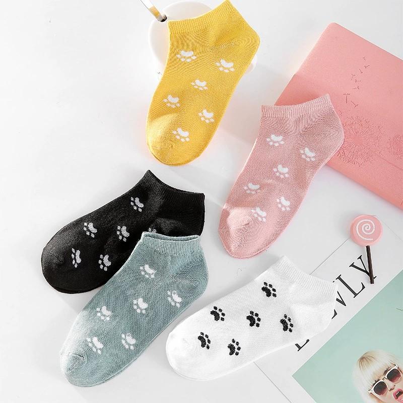 5/10 Pairs Women Cartoon Printed Short Socks Fashionable Little Dog Paw Pattern Summer Sweat Absorbing Breathable Casual Socks